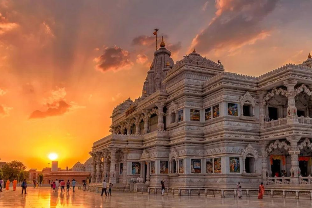 View of temples and ghats along the Yamuna River during a spiritual Mathura tour, birthplace of Lord Krishna.